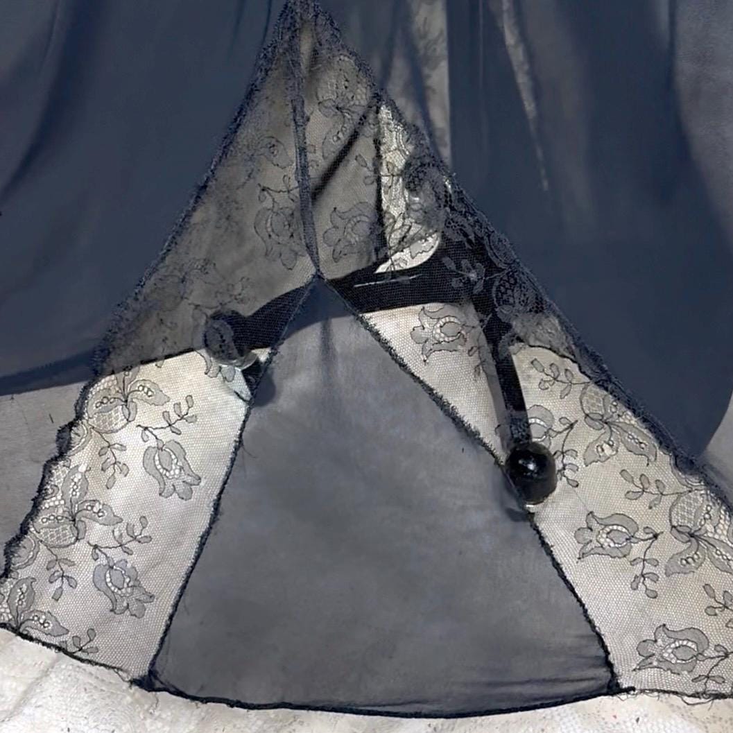 Vintage 1930's - 1940's Sheer Black Rayon Chiffon Nightgown with Chantilly Lace - By Lady Leonora, Size M - Daggers & Dames