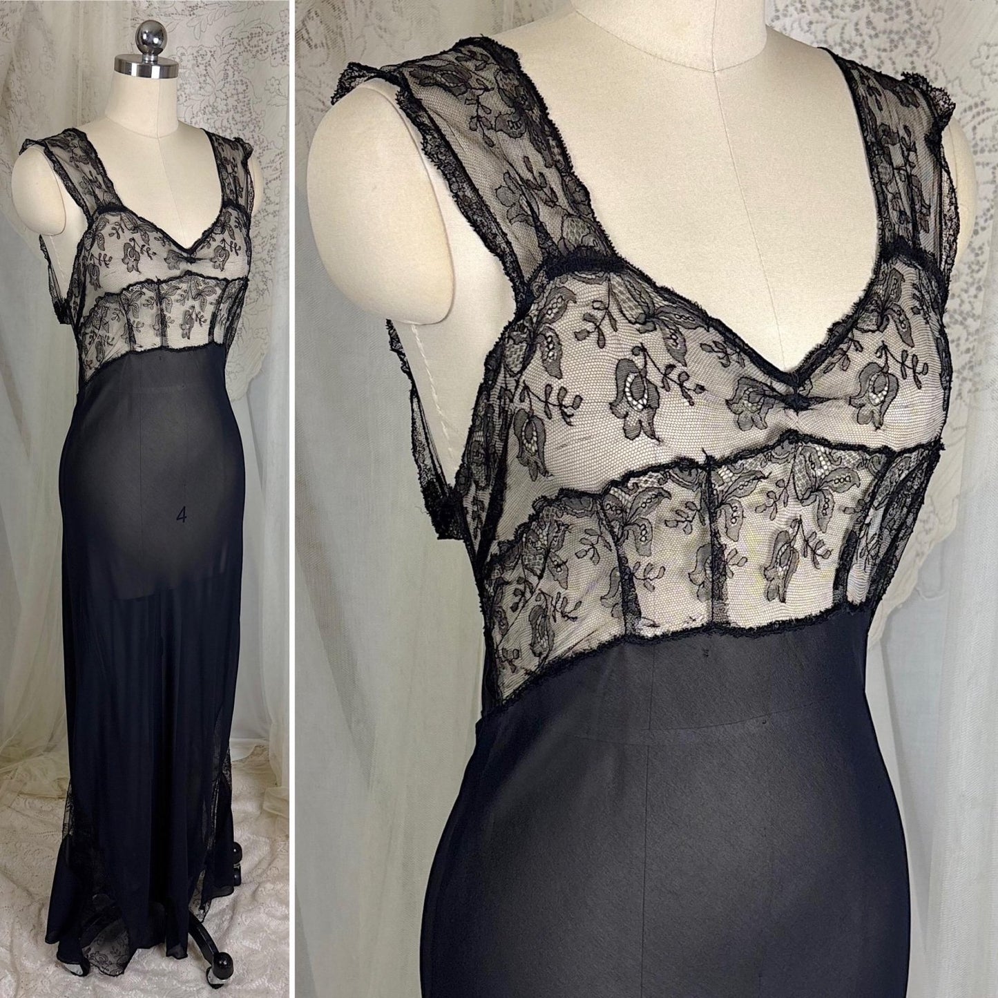 Vintage 1930's - 1940's Sheer Black Rayon Chiffon Nightgown with Chantilly Lace - By Lady Leonora, Size M - Daggers & Dames