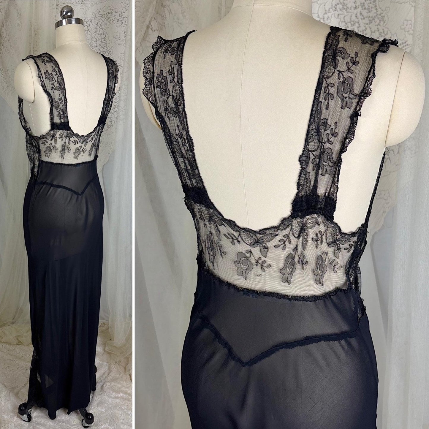 Vintage 1930's - 1940's Sheer Black Rayon Chiffon Nightgown with Chantilly Lace - By Lady Leonora, Size M - Daggers & Dames