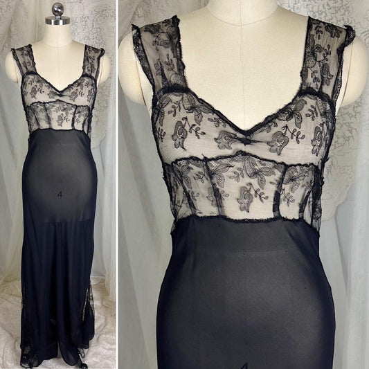 Vintage 1930's - 1940's Sheer Black Rayon Chiffon Nightgown with Chantilly Lace - By Lady Leonora, Size M - Daggers & Dames