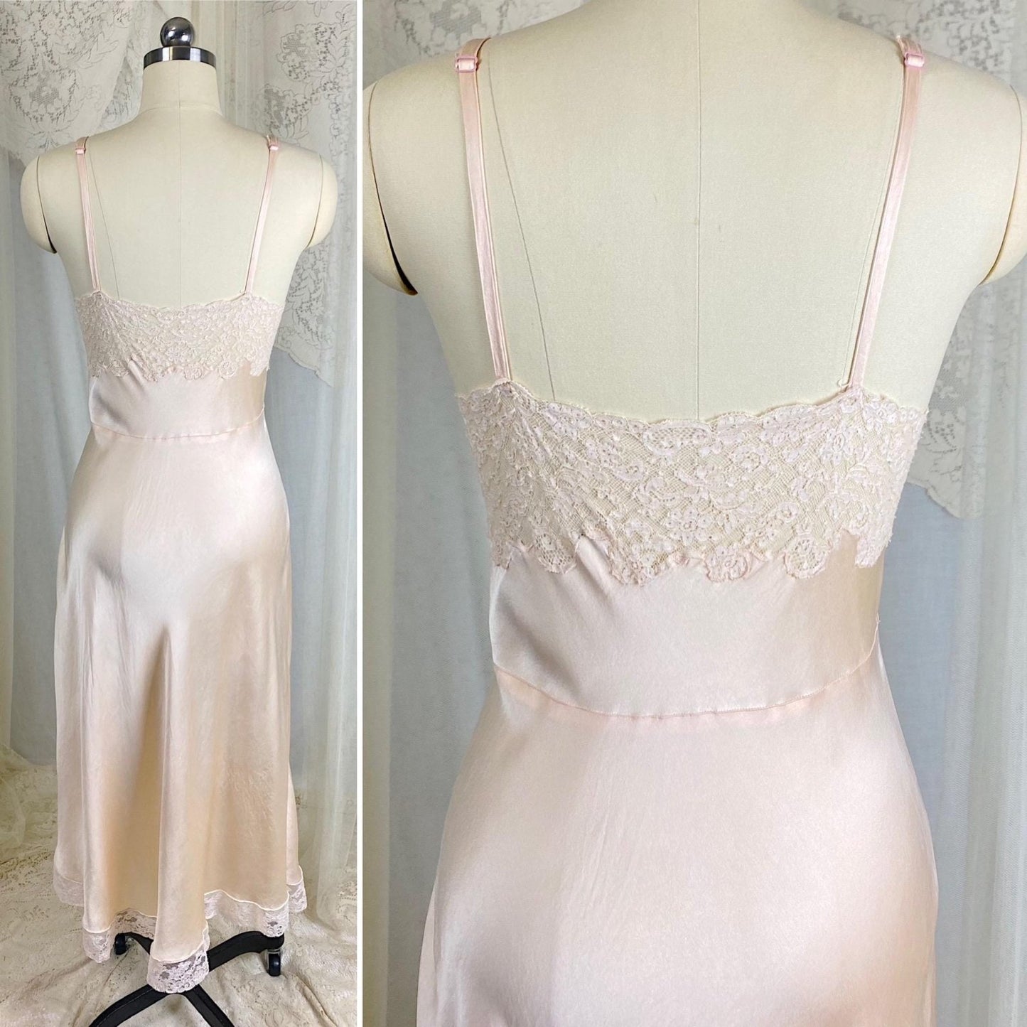 Vintage 1930's - 1940's Slip - Pale Taupe Silk Satin with Ivory French Lace - Size M, L - By Fischer Heavenly Lingerie - Daggers & Dames