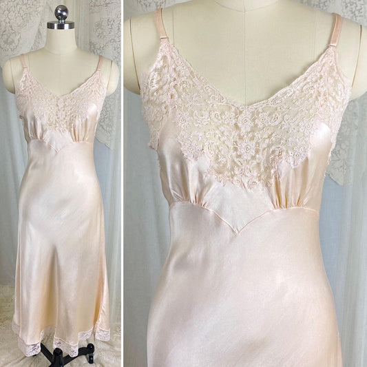 Vintage 1930's - 1940's Slip - Pale Taupe Silk Satin with Ivory French Lace - Size M, L - By Fischer Heavenly Lingerie - Daggers & Dames