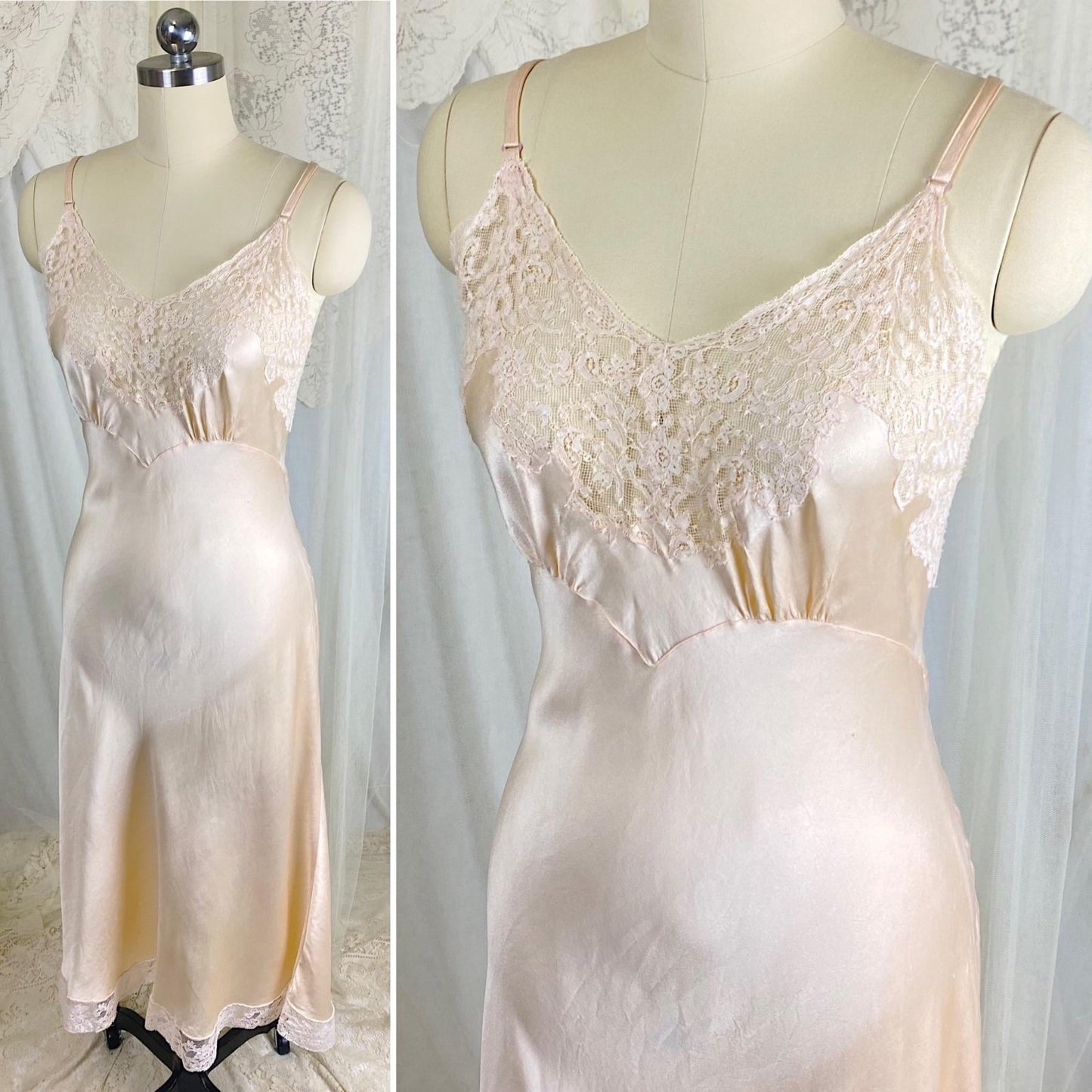 Vintage 1930's - 1940's Slip - Pale Taupe Silk Satin with Ivory French Lace - Size M, L - By Fischer Heavenly Lingerie - Daggers & Dames