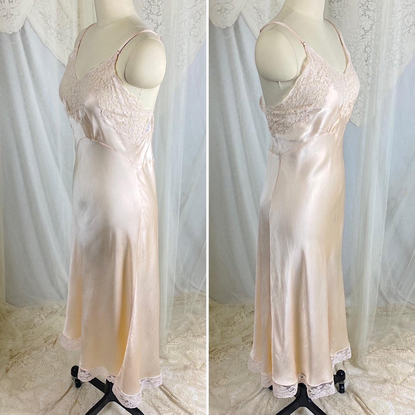 Vintage 1930's - 1940's Slip - Pale Taupe Silk Satin with Ivory French Lace - Size M, L - By Fischer Heavenly Lingerie - Daggers & Dames