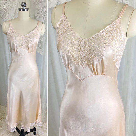 Vintage 1930's - 1940's Slip - Pale Taupe Silk Satin with Ivory French Lace - Size M, L - By Fischer Heavenly Lingerie - Daggers & Dames