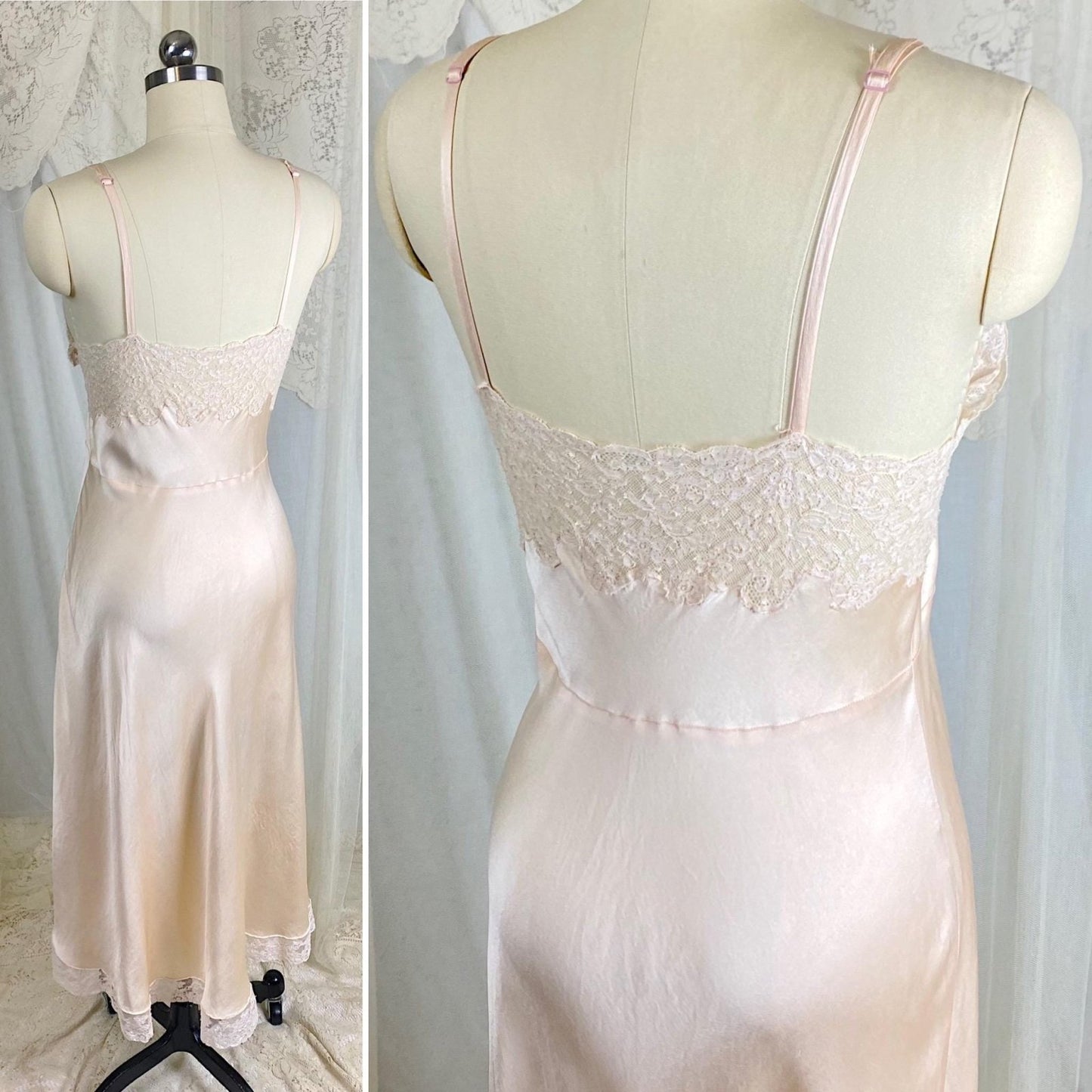Vintage 1930's - 1940's Slip - Pale Taupe Silk Satin with Ivory French Lace - Size M, L - By Fischer Heavenly Lingerie - Daggers & Dames