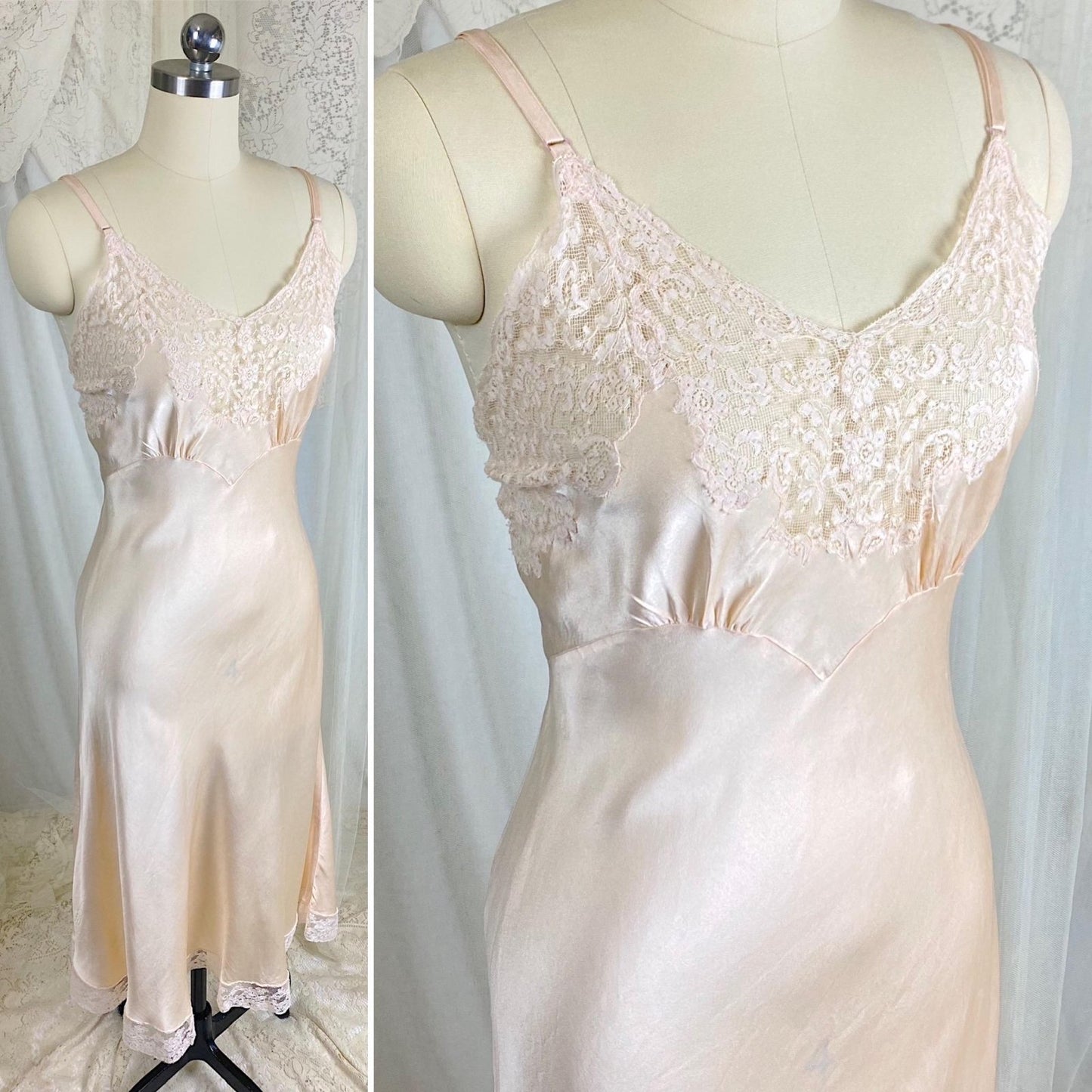 Vintage 1930's - 1940's Slip - Pale Taupe Silk Satin with Ivory French Lace - Size M, L - By Fischer Heavenly Lingerie - Daggers & Dames
