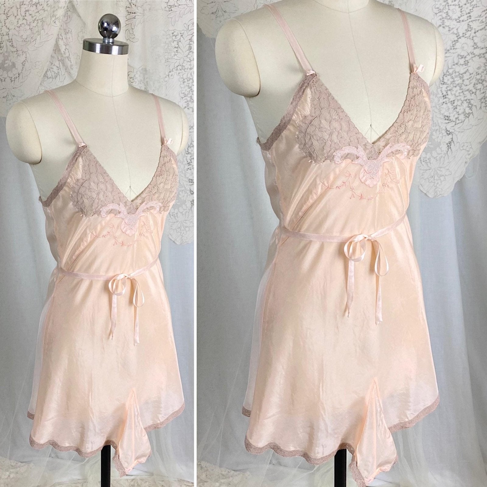 Vintage 1930's - 1940's Teddy Chemise | Pearlescent Peach Silk with Warm Nude Lace | Size S, M - Daggers & Dames