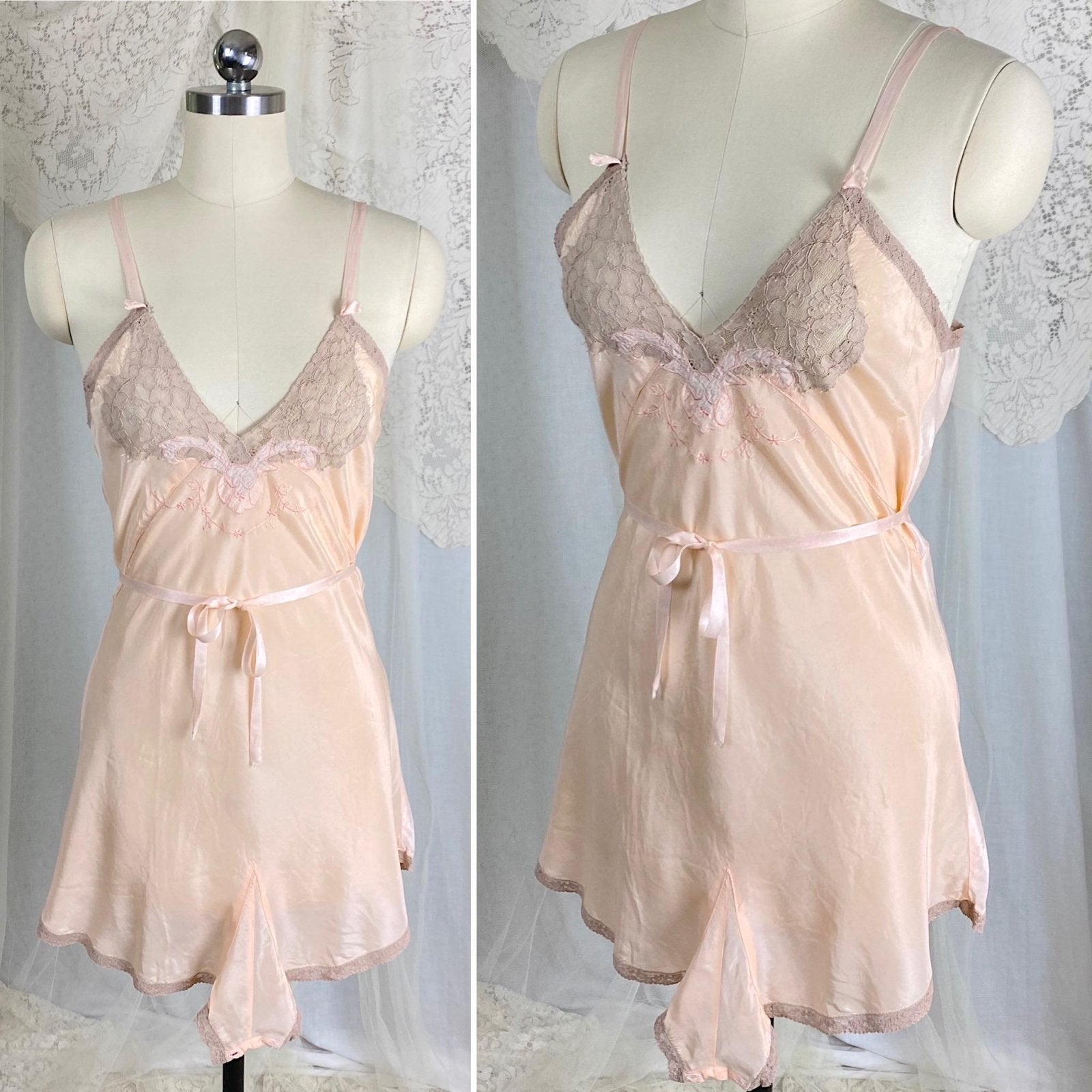 Vintage 1930's - 1940's Teddy Chemise | Pearlescent Peach Silk with Warm Nude Lace | Size S, M - Daggers & Dames