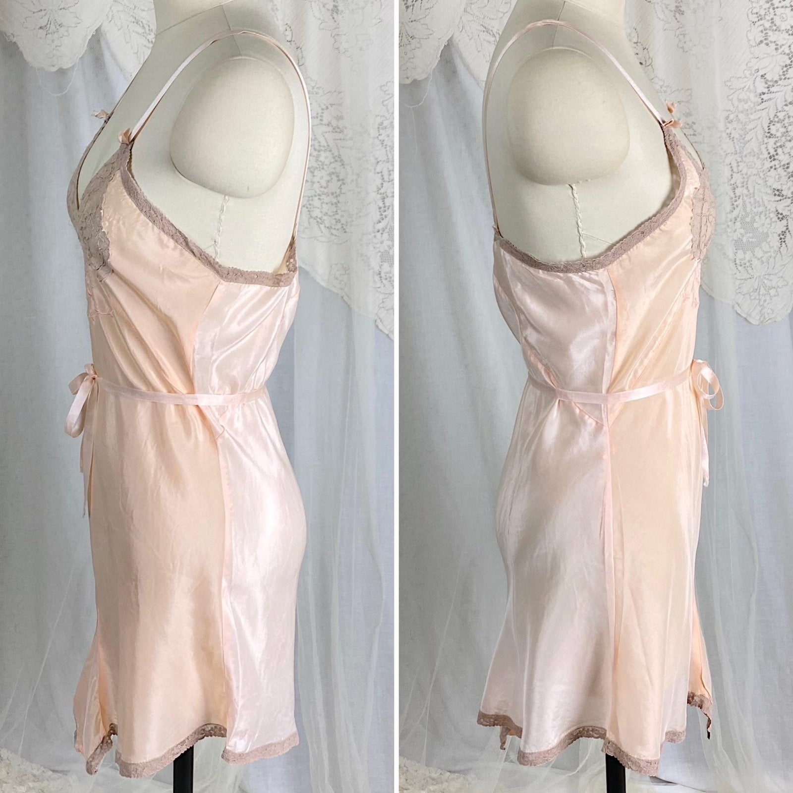 Vintage 1930's - 1940's Teddy Chemise | Pearlescent Peach Silk with Warm Nude Lace | Size S, M - Daggers & Dames