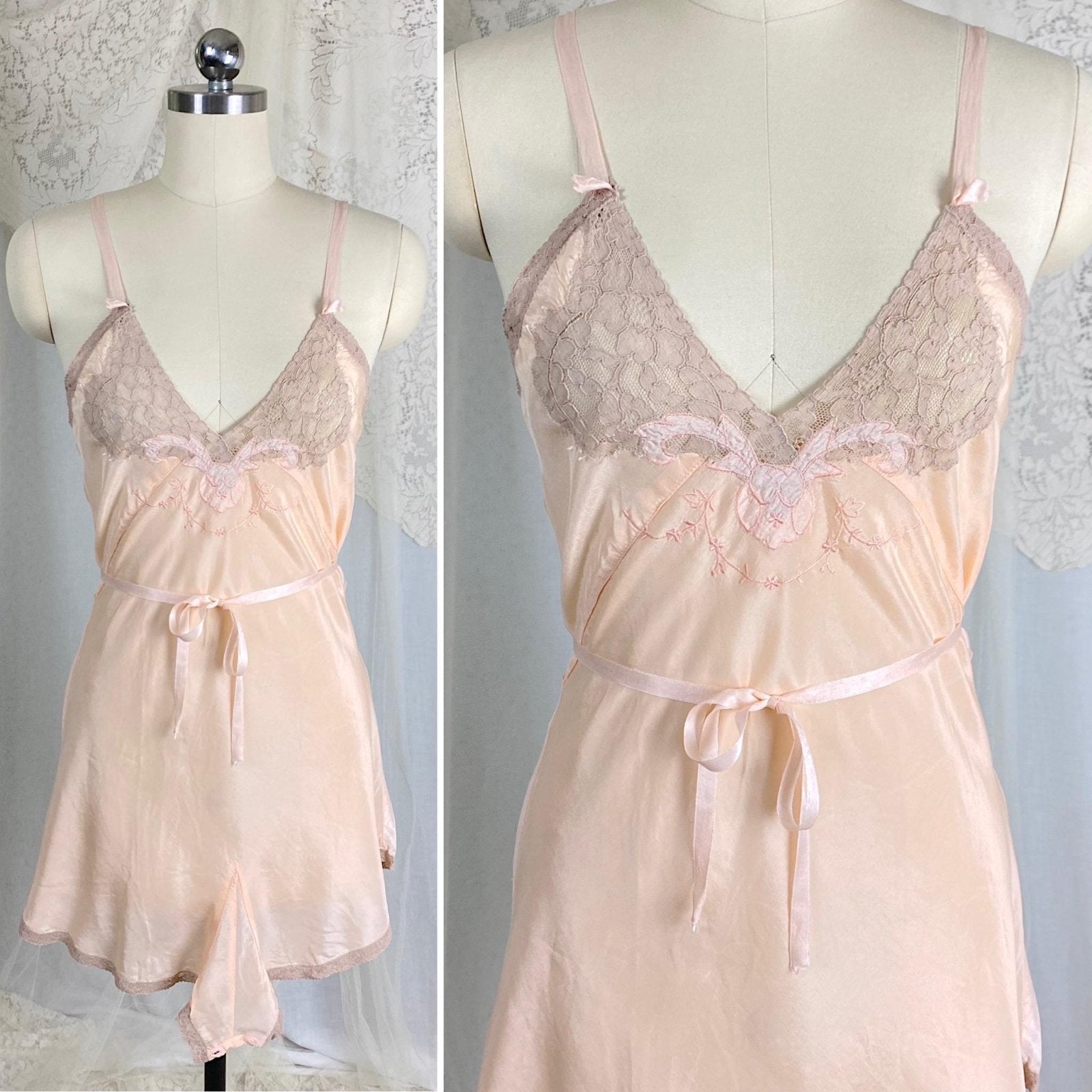 Vintage 1930's - 1940's Teddy Chemise | Pearlescent Peach Silk with Warm Nude Lace | Size S, M - Daggers & Dames