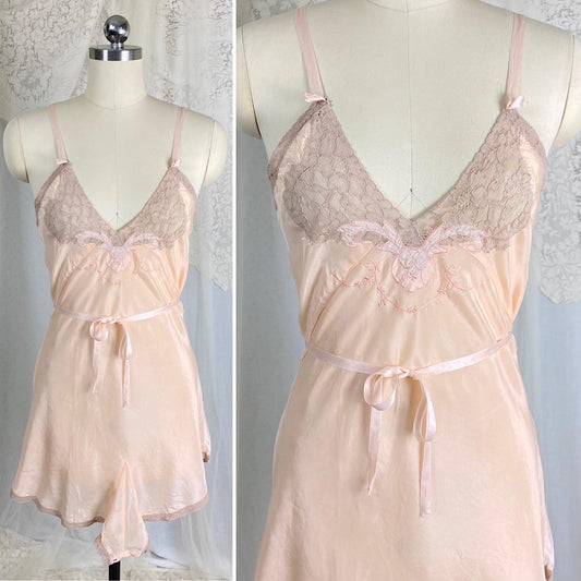 Vintage 1930's - 1940's Teddy Chemise | Pearlescent Peach Silk with Warm Nude Lace | Size S, M - Daggers & Dames