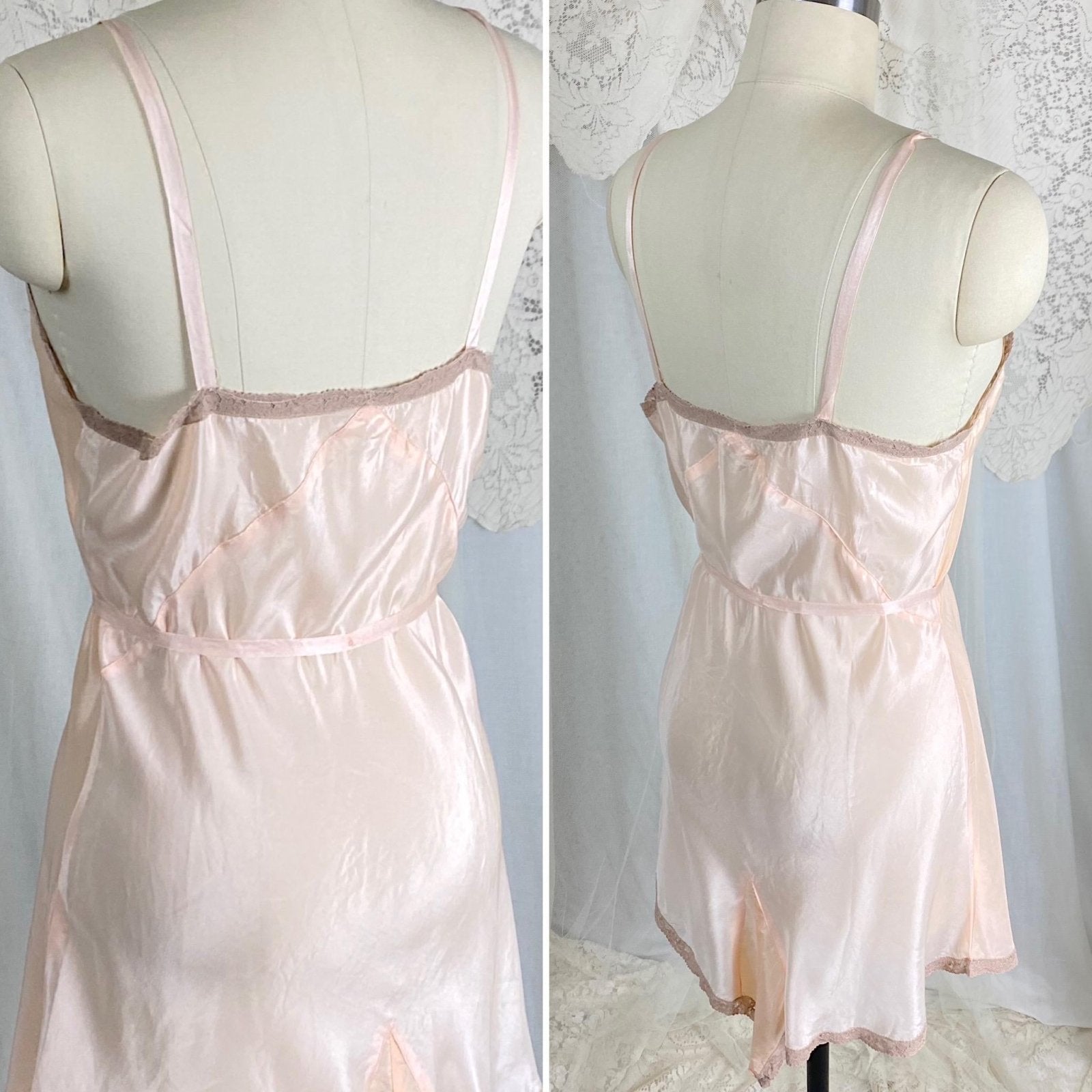 Vintage 1930's - 1940's Teddy Chemise | Pearlescent Peach Silk with Warm Nude Lace | Size S, M - Daggers & Dames