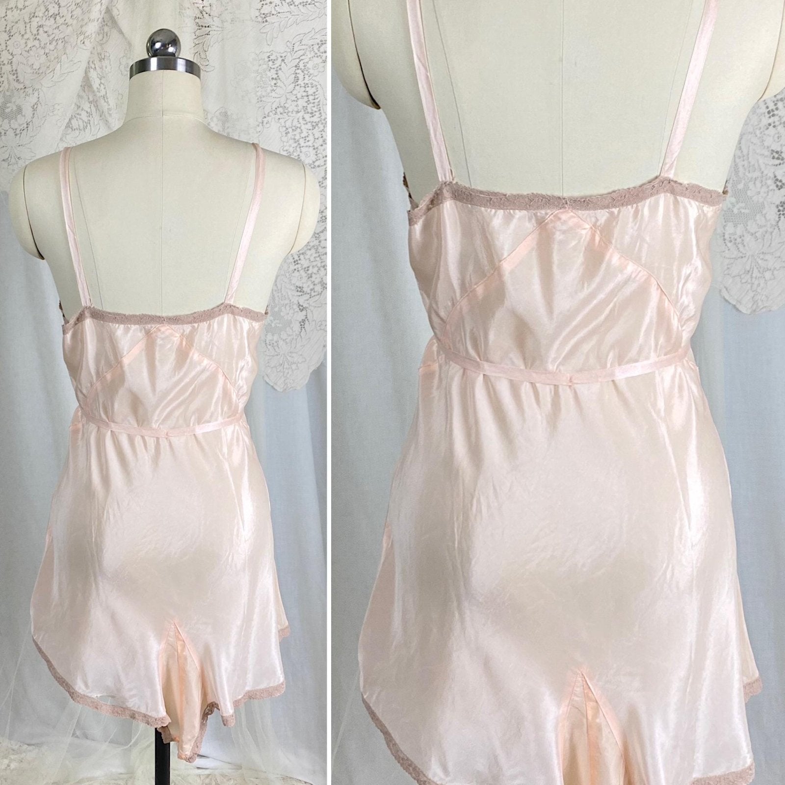 Vintage 1930's - 1940's Teddy Chemise | Pearlescent Peach Silk with Warm Nude Lace | Size S, M - Daggers & Dames