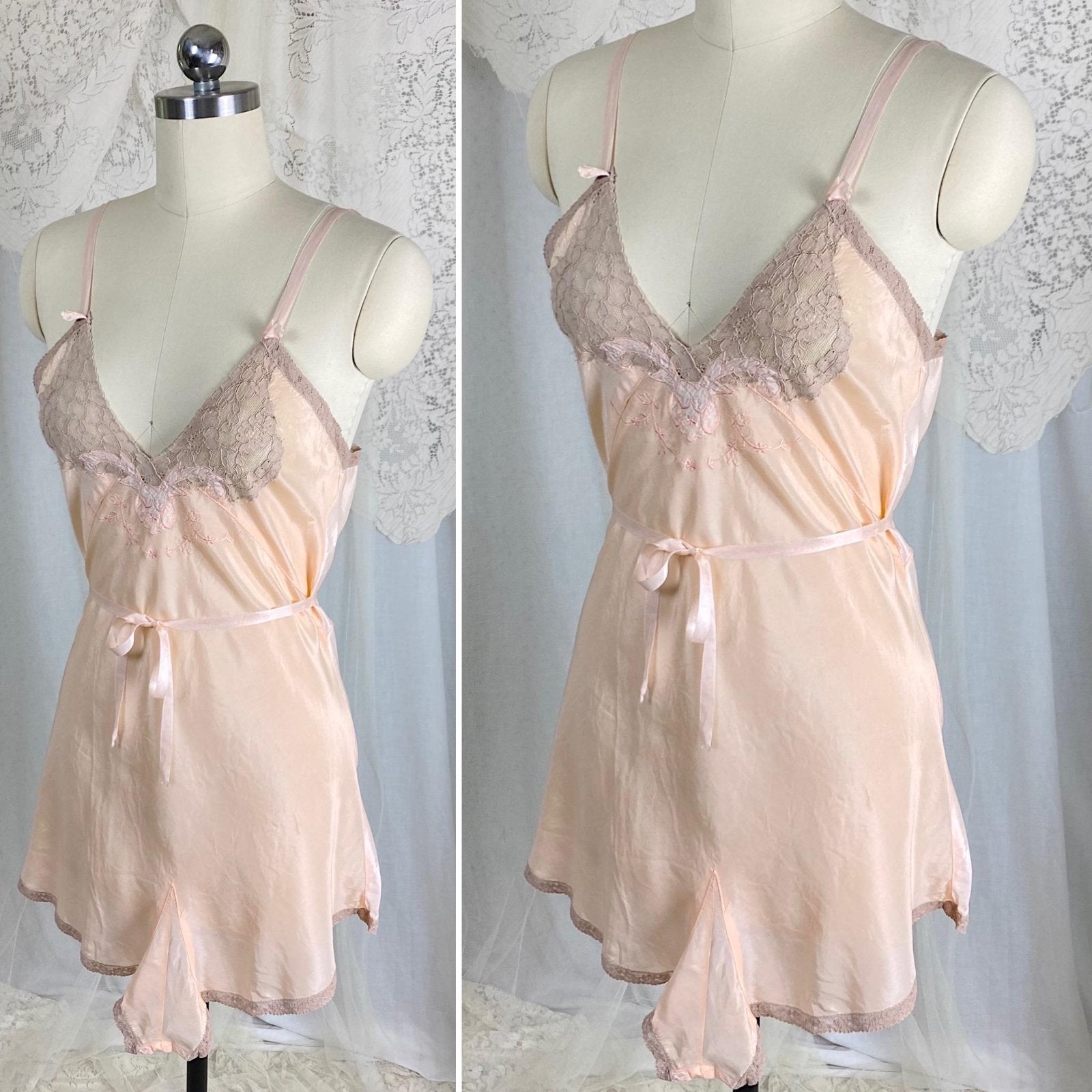 Vintage 1930's - 1940's Teddy Chemise | Pearlescent Peach Silk with Warm Nude Lace | Size S, M - Daggers & Dames
