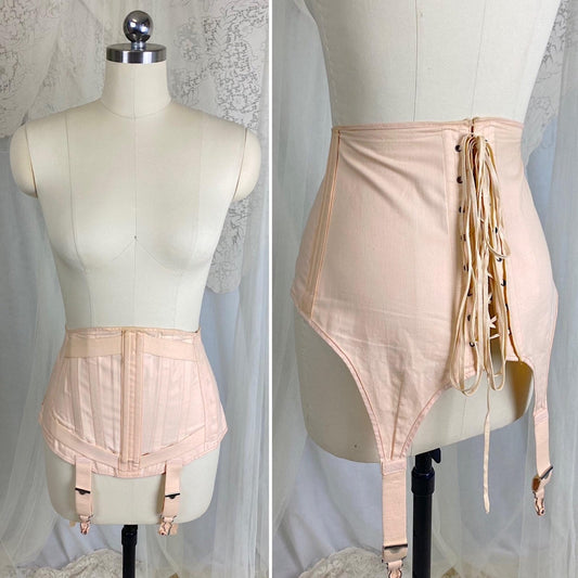 Vintage 1930's Abdominal Support Corset - Light Peach Cotton with Rear Corset Lacing - Size M, LG - By Munter's Nulife - Daggers & Dames