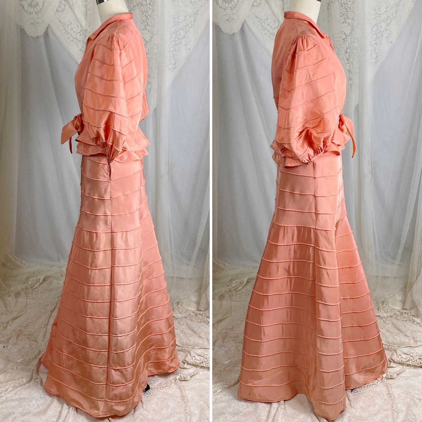 Vintage 1930's Avant Garde Dress & Jacket Set - High Sheen Peach Rayon Taffeta with Piping - Size XS - Daggers & Dames