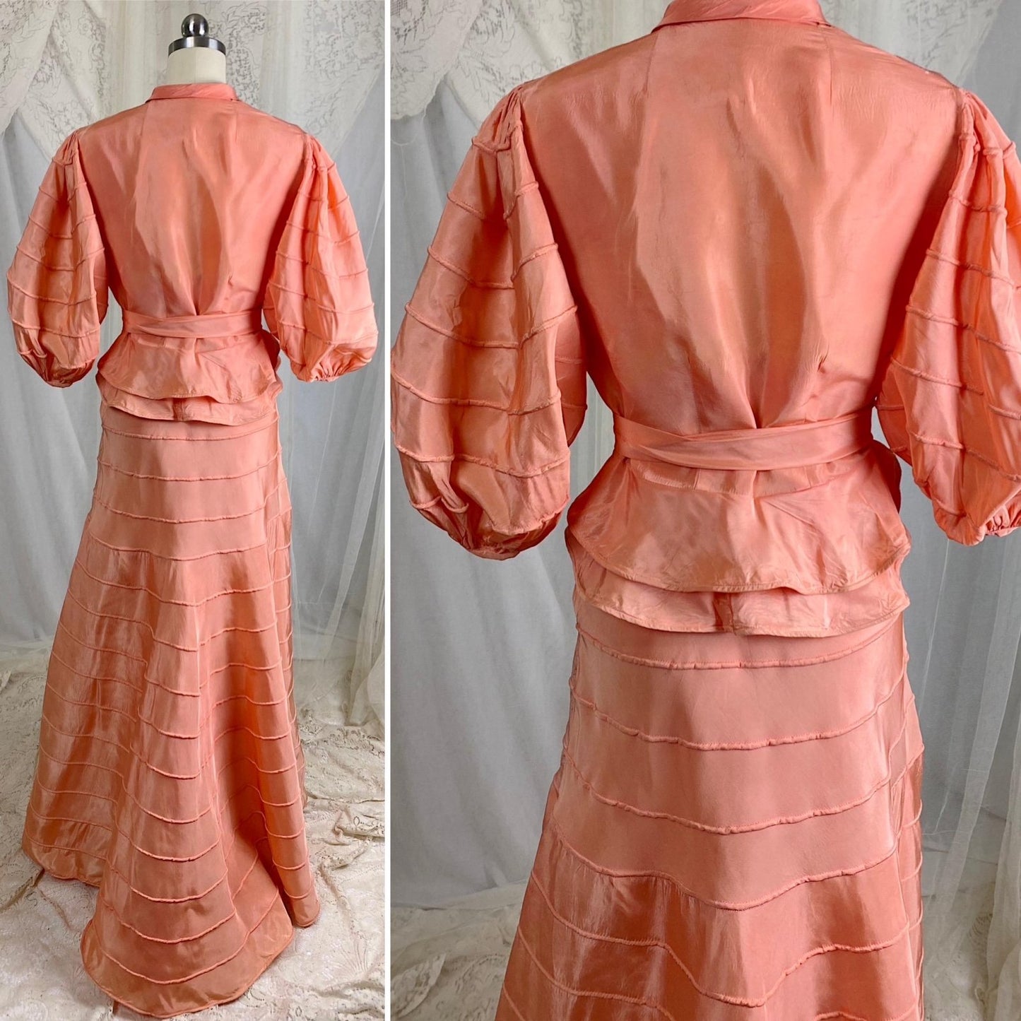 Vintage 1930's Avant Garde Dress & Jacket Set - High Sheen Peach Rayon Taffeta with Piping - Size XS - Daggers & Dames