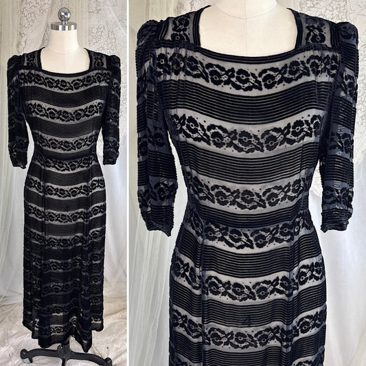 Vintage 1930's Black Floral & Stripes Silk Velvet Devore Dress, size M - Daggers & Dames