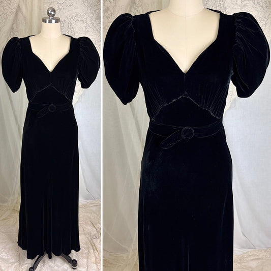 Vintage 1930's Black Velvet Evening Gown with Keyhole Back - Size XS, S - Daggers & Dames