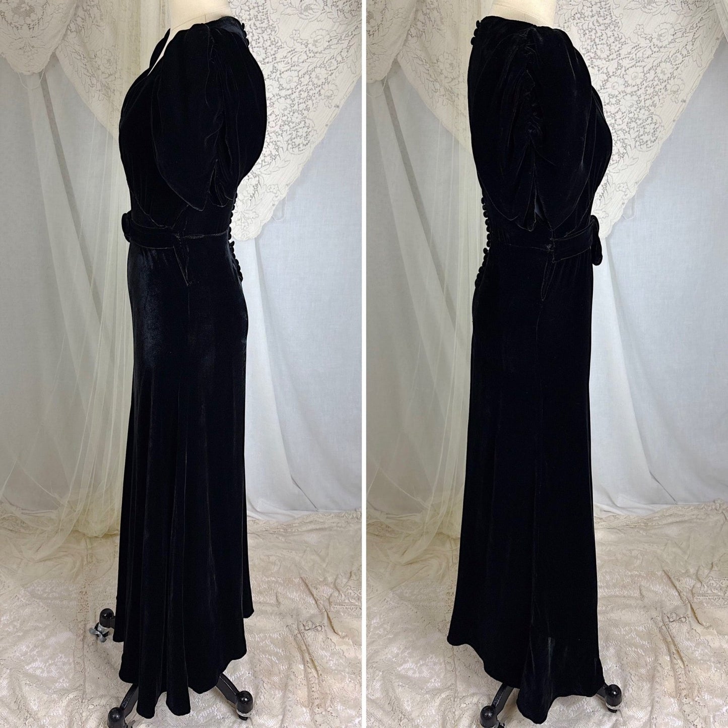 Vintage 1930's Black Velvet Evening Gown with Keyhole Back - Size XS, S - Daggers & Dames
