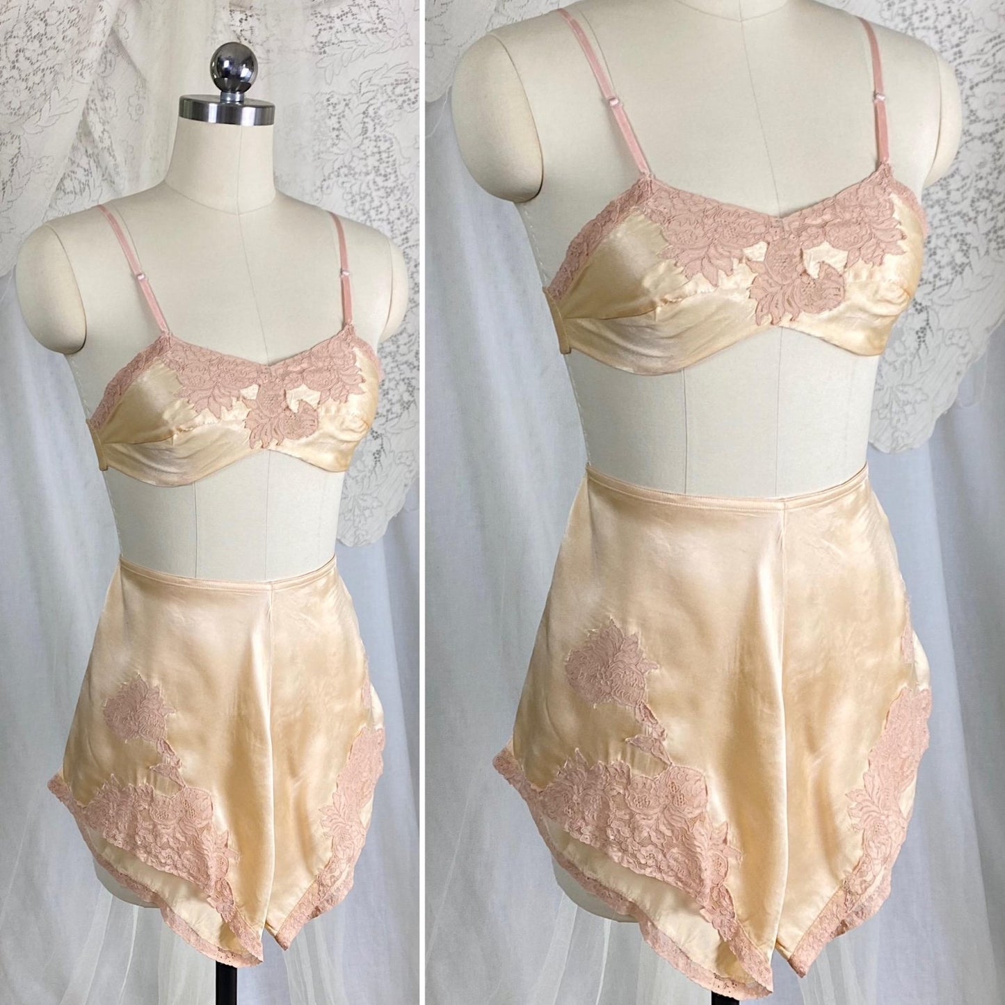 Vintage 1930's Bralette & Tap Pants Set | Rich Golden Champagne Silk with Warm Nude Lace | Size XS, S | By Neiman Marcus - Daggers & Dames