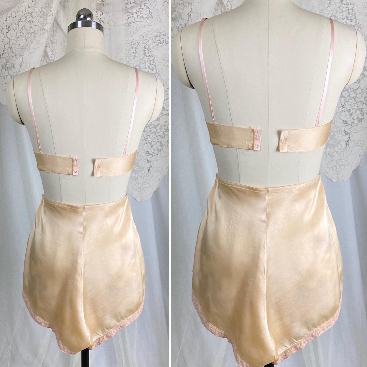 Vintage 1930's Bralette & Tap Pants Set | Rich Golden Champagne Silk with Warm Nude Lace | Size XS, S | By Neiman Marcus - Daggers & Dames
