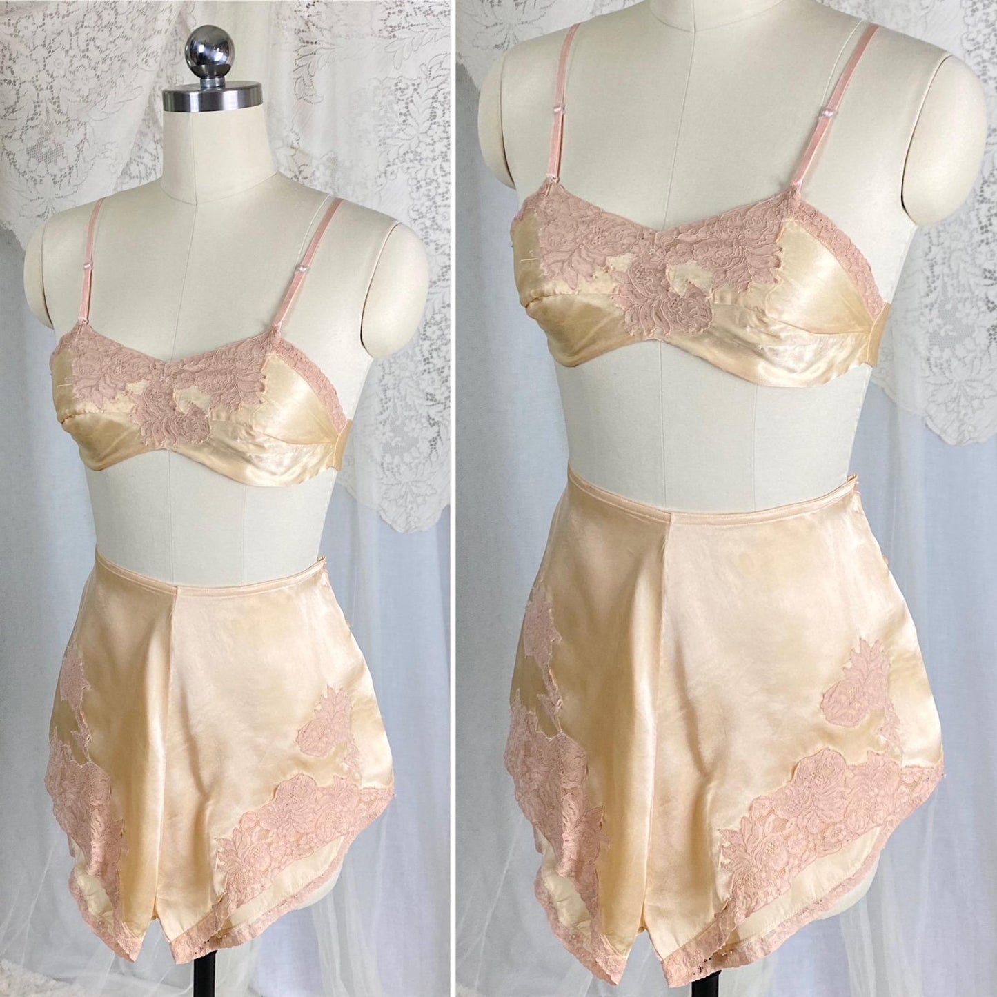 Vintage 1930's Bralette & Tap Pants Set | Rich Golden Champagne Silk with Warm Nude Lace | Size XS, S | By Neiman Marcus - Daggers & Dames
