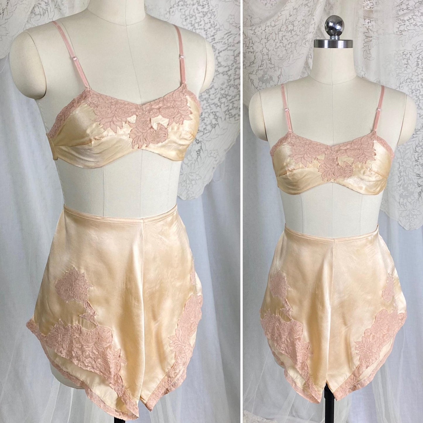 Vintage 1930's Bralette & Tap Pants Set | Rich Golden Champagne Silk with Warm Nude Lace | Size XS, S | By Neiman Marcus - Daggers & Dames