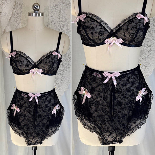 Vintage 1930's Bralette & Tap Pants Set - Sheer Black Embroidered Tulle with Pink Velvet Rosettes and Satin Ribbon - by Loni's of New Orleans, size XS, S - Daggers & Dames