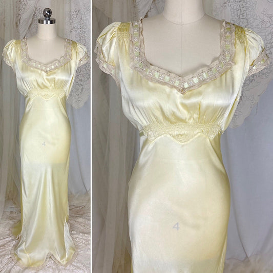 Vintage 1930's Buttercream Yellow Silk Satin Nightgown with Pale Green Ribbon & Scalloped Hem, size S, M, LG - Daggers & Dames