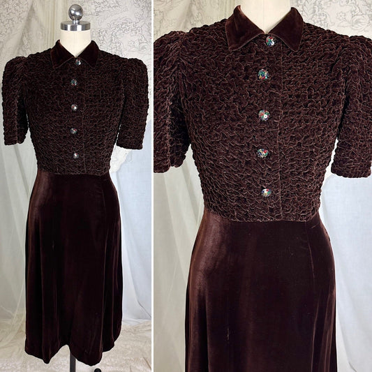 Vintage 1930's Deep Mocha Brown Velvet Dress with Iridescent Sequin Buttons - By The Hecht Co., Size S - Daggers & Dames