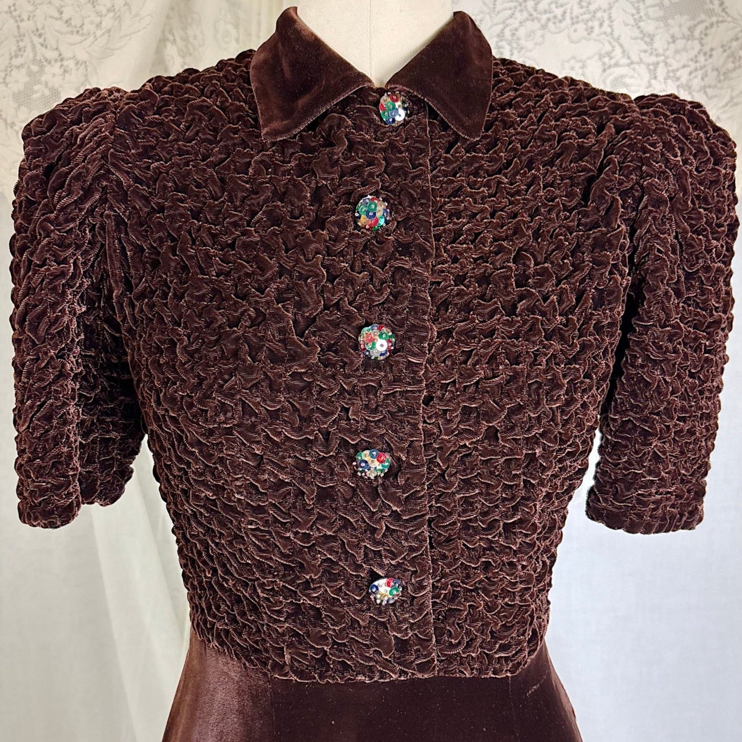 Vintage 1930's Deep Mocha Brown Velvet Dress with Iridescent Sequin Buttons - By The Hecht Co., Size S - Daggers & Dames