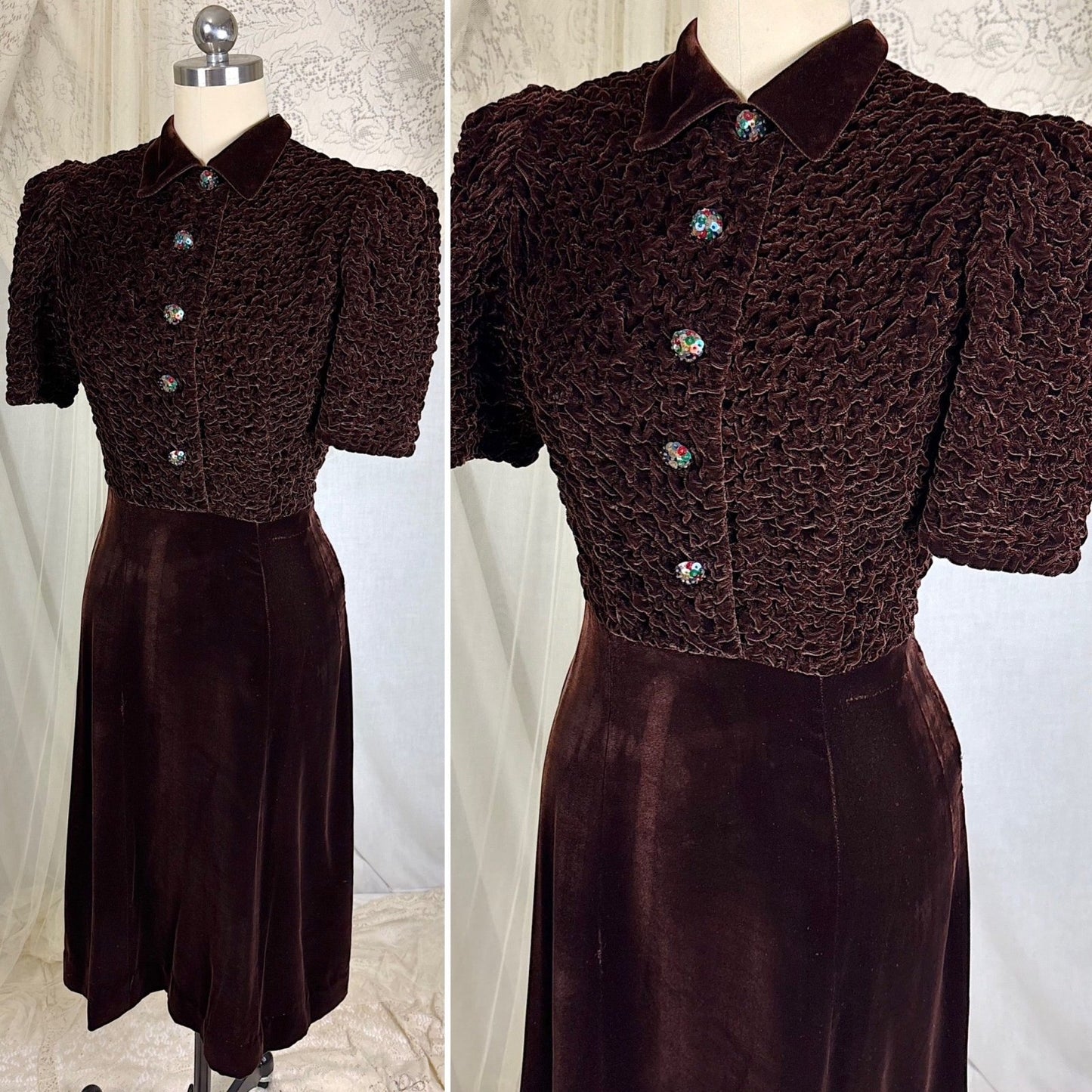 Vintage 1930's Deep Mocha Brown Velvet Dress with Iridescent Sequin Buttons - By The Hecht Co., Size S - Daggers & Dames