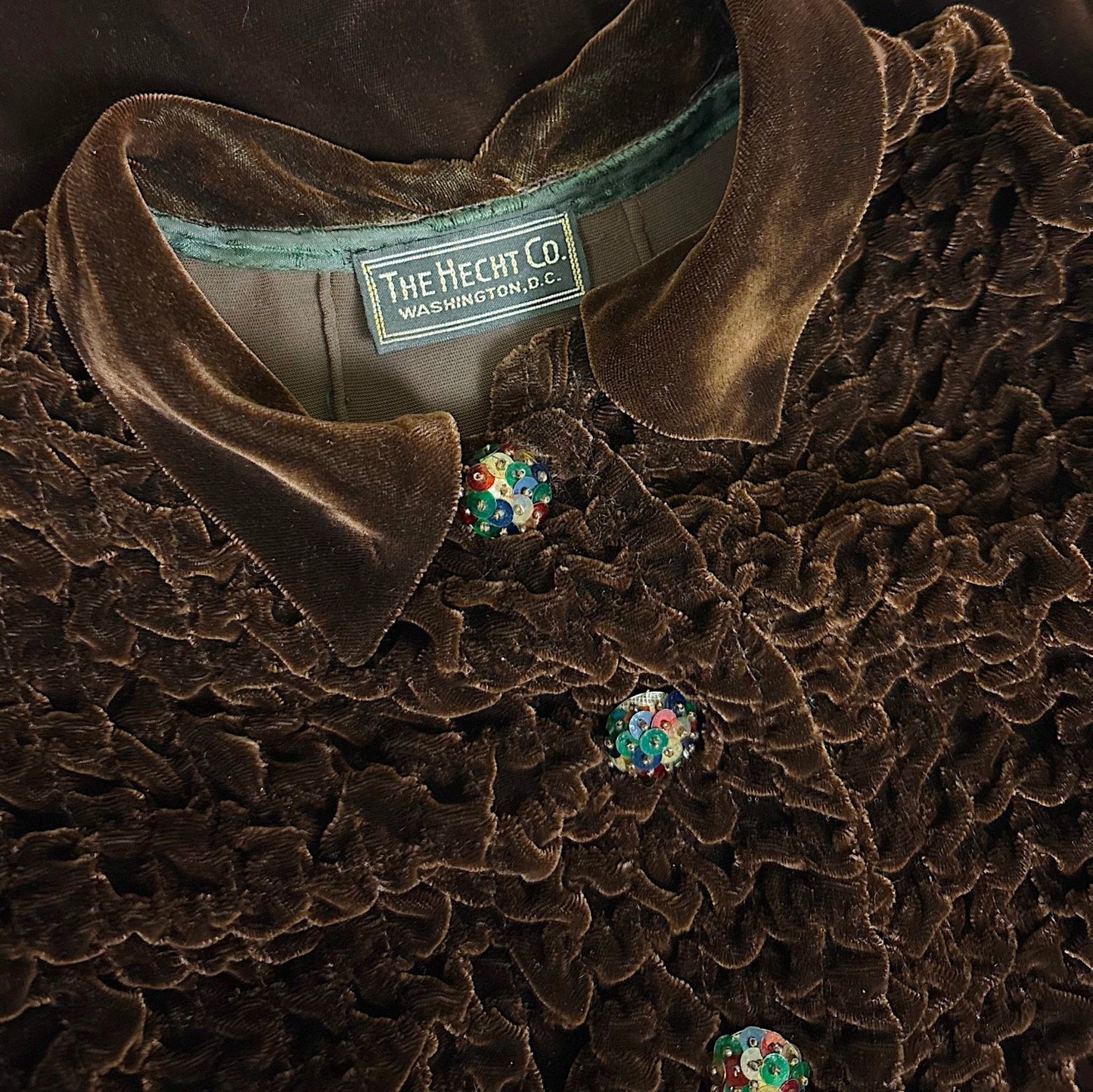 Vintage 1930's Deep Mocha Brown Velvet Dress with Iridescent Sequin Buttons - By The Hecht Co., Size S - Daggers & Dames