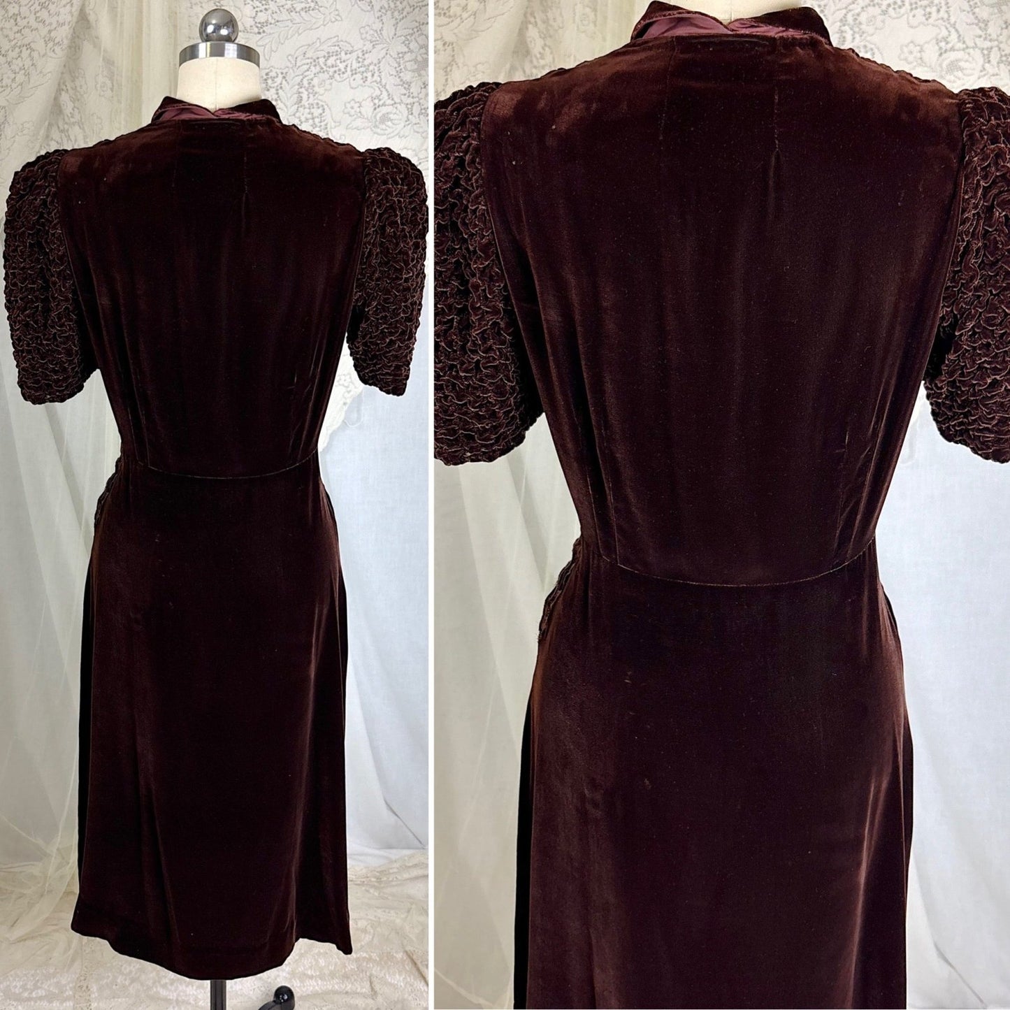 Vintage 1930's Deep Mocha Brown Velvet Dress with Iridescent Sequin Buttons - By The Hecht Co., Size S - Daggers & Dames