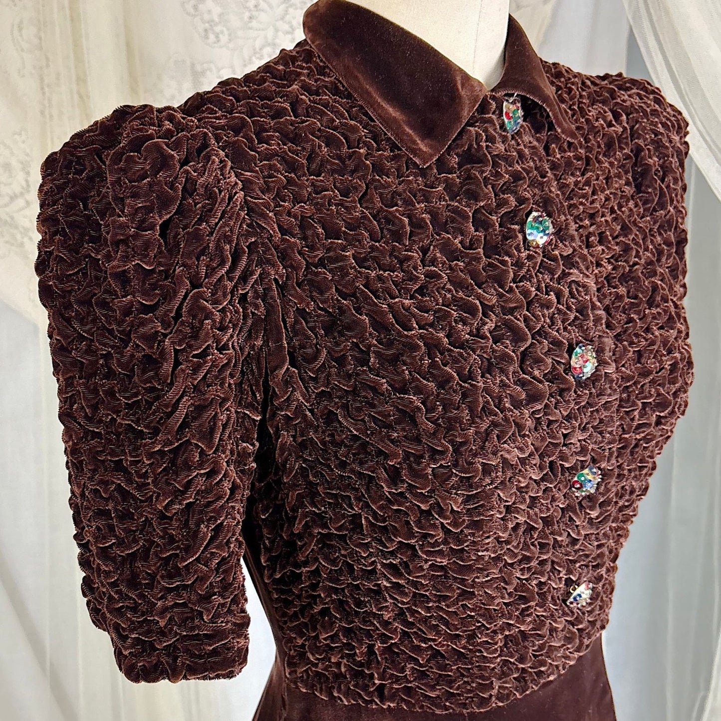Vintage 1930's Deep Mocha Brown Velvet Dress with Iridescent Sequin Buttons - By The Hecht Co., Size S - Daggers & Dames