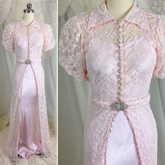 Vintage 1930's Dress Set - Pale Rose Pink Rayon Satin Maxi Slip with Cotton Tambour Lace Duster & Rhinestone Clasp Belt - Size XXS, XS - Daggers & Dames