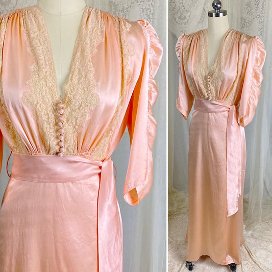 Vintage 1930's Dressing Gown Robe - Lush Rose Pink Silk with Nude Alençon Lace - Size M - Daggers & Dames