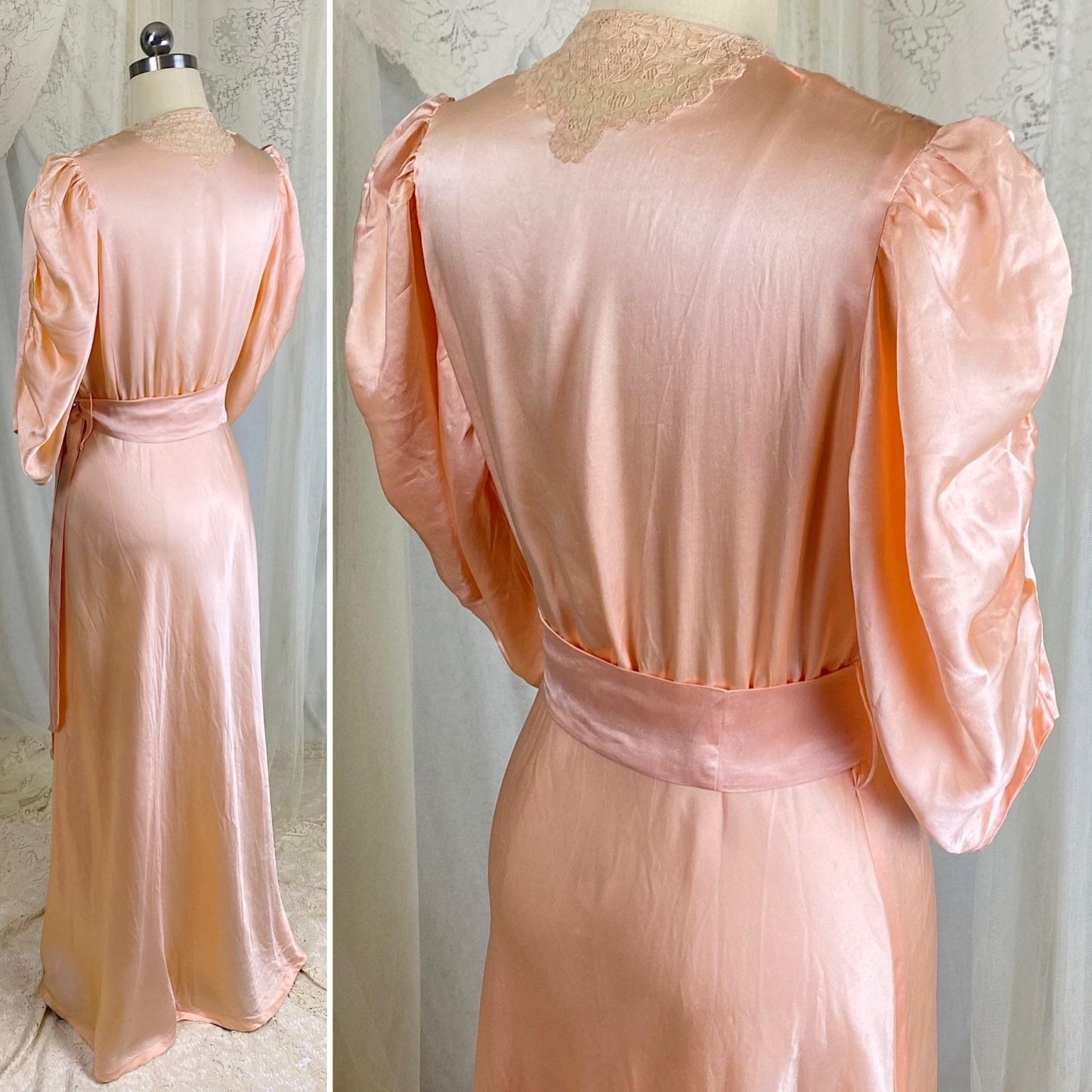 Vintage 1930's Dressing Gown Robe - Lush Rose Pink Silk with Nude Alençon Lace - Size M - Daggers & Dames