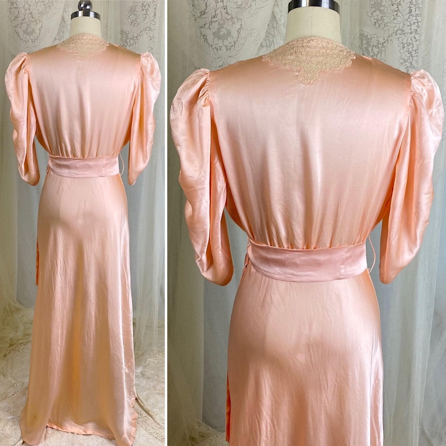 Vintage 1930's Dressing Gown Robe - Lush Rose Pink Silk with Nude Alençon Lace - Size M - Daggers & Dames