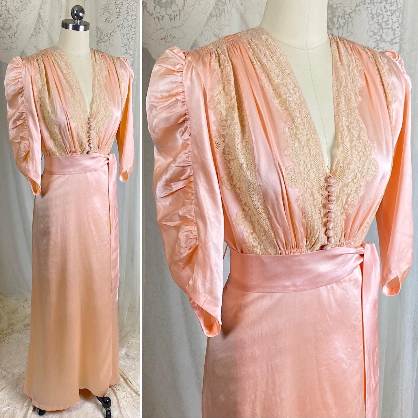Vintage 1930's Dressing Gown Robe - Lush Rose Pink Silk with Nude Alençon Lace - Size M - Daggers & Dames