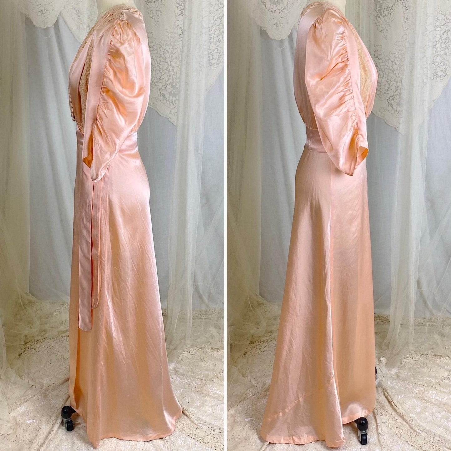 Vintage 1930's Dressing Gown Robe - Lush Rose Pink Silk with Nude Alençon Lace - Size M - Daggers & Dames
