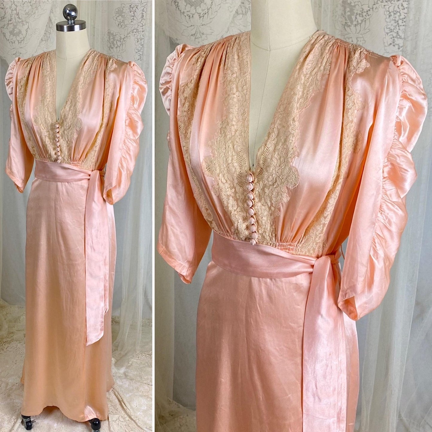 Vintage 1930's Dressing Gown Robe - Lush Rose Pink Silk with Nude Alençon Lace - Size M - Daggers & Dames