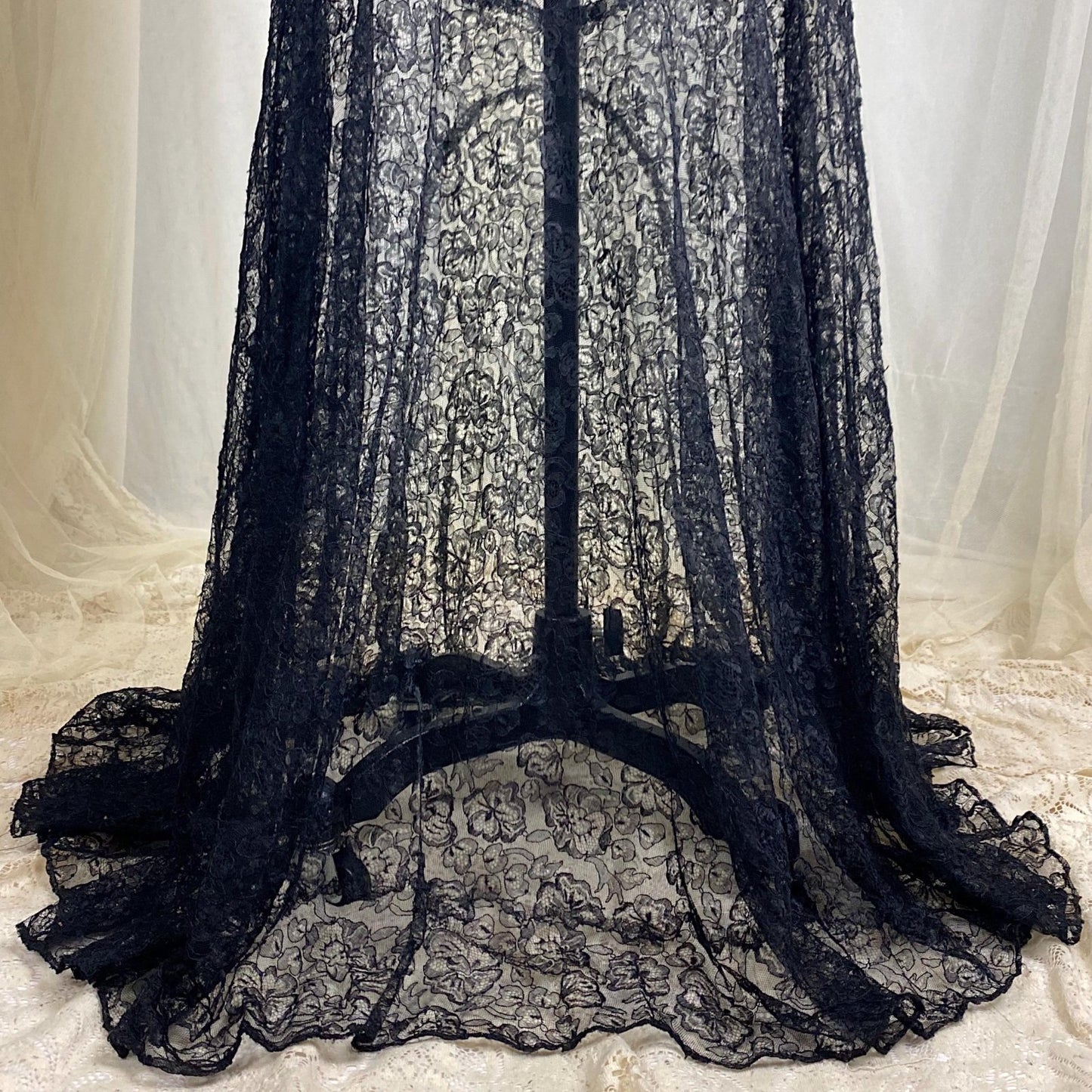 Vintage 1930's Evening Gown - Sheer Black Chantilly Lace with Bertha Collar & Train - Size M - Daggers & Dames