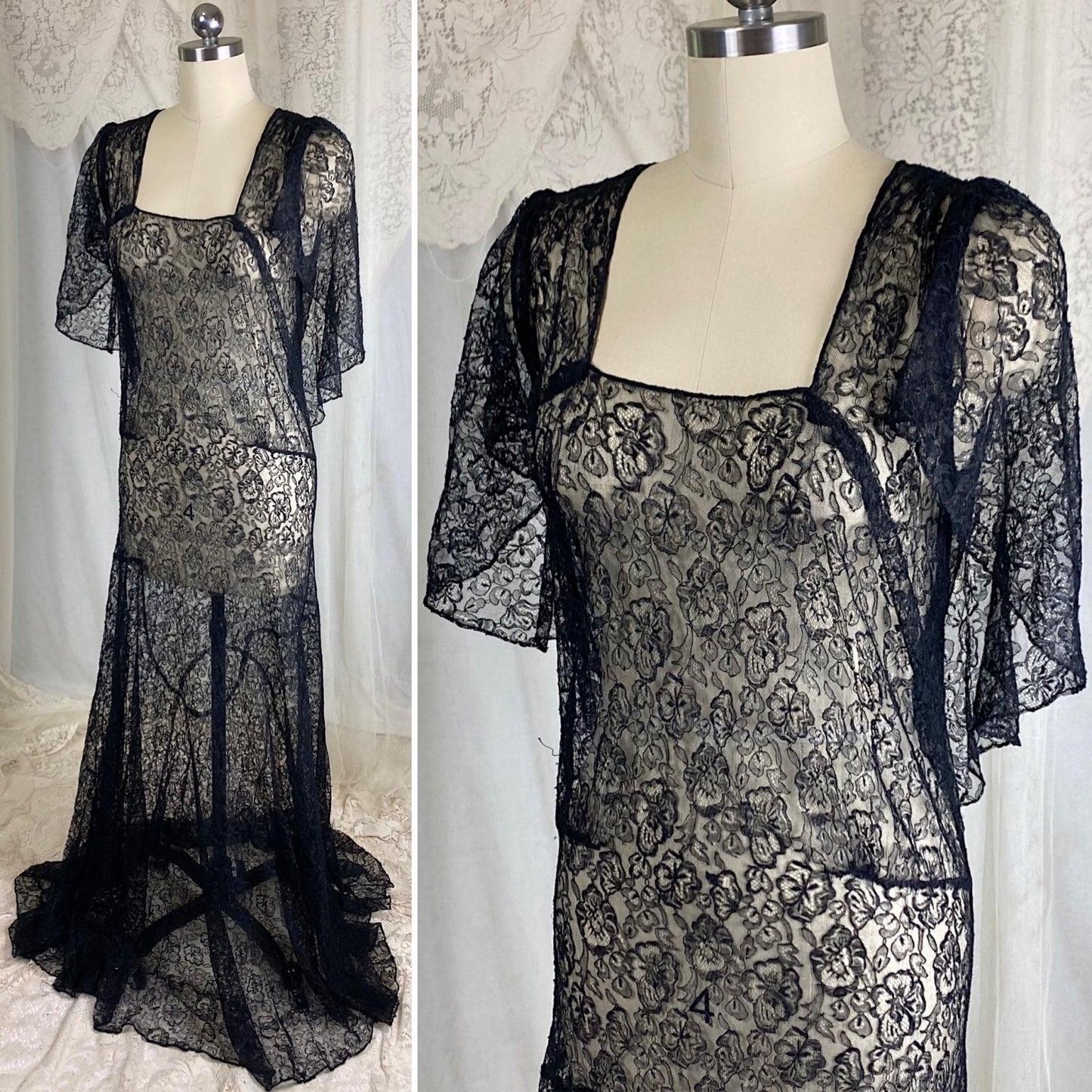 Vintage 1930's Evening Gown - Sheer Black Chantilly Lace with Bertha Collar & Train - Size M - Daggers & Dames