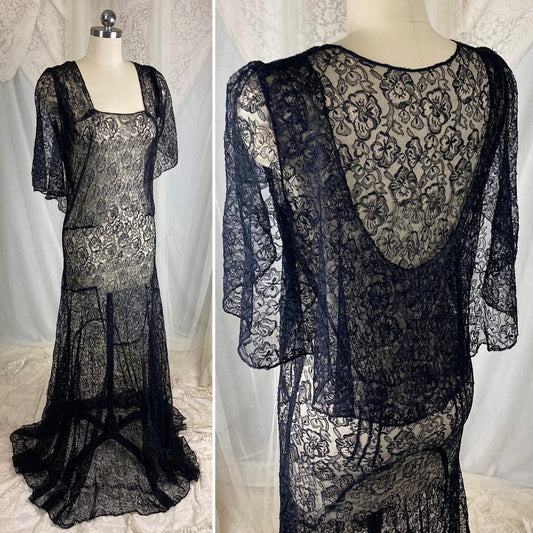 Vintage 1930's Evening Gown - Sheer Black Chantilly Lace with Bertha Collar & Train - Size M - Daggers & Dames