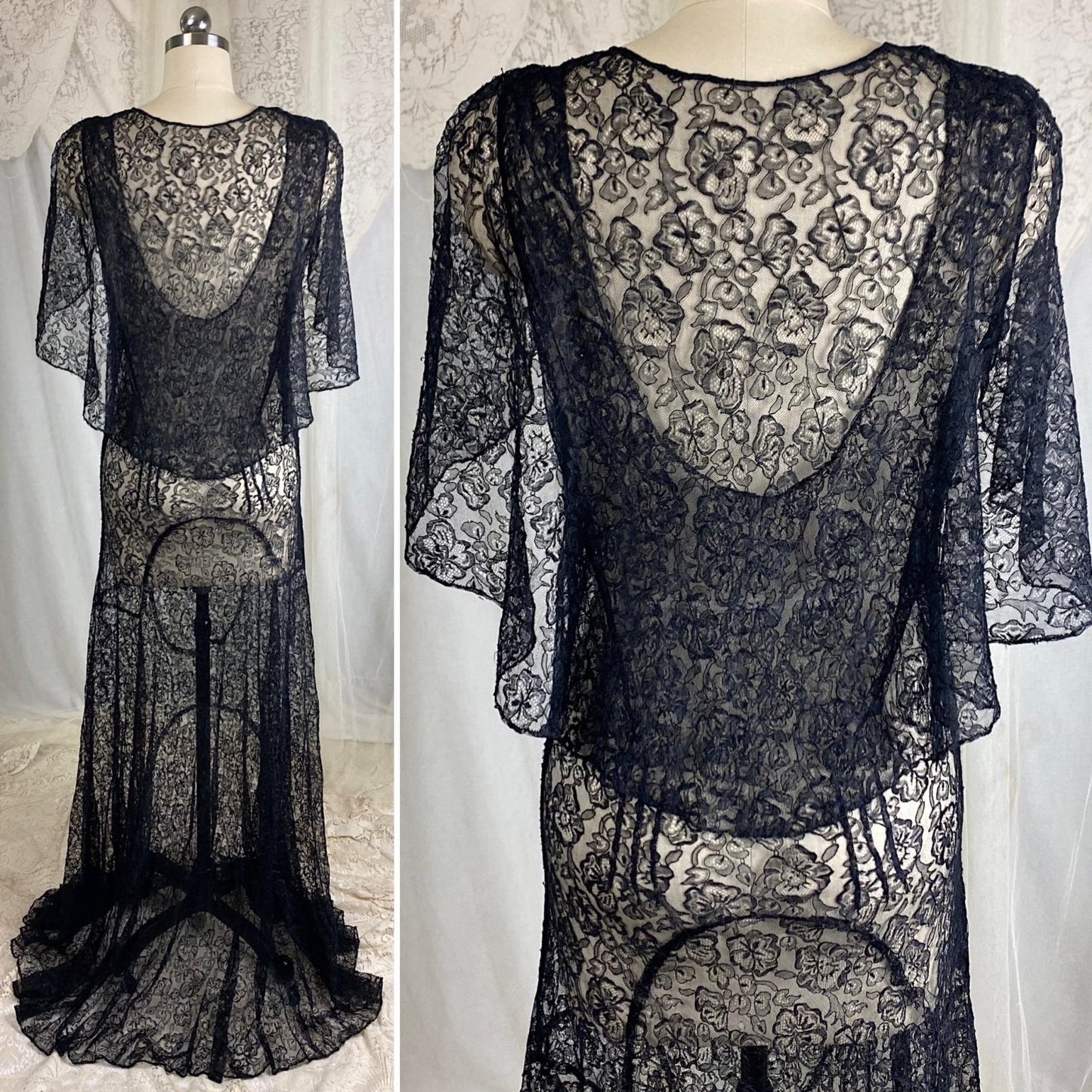 Vintage 1930's Evening Gown - Sheer Black Chantilly Lace with Bertha Collar & Train - Size M - Daggers & Dames