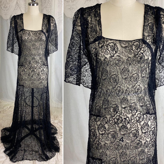 Vintage 1930's Evening Gown - Sheer Black Chantilly Lace with Bertha Collar & Train - Size M - Daggers & Dames