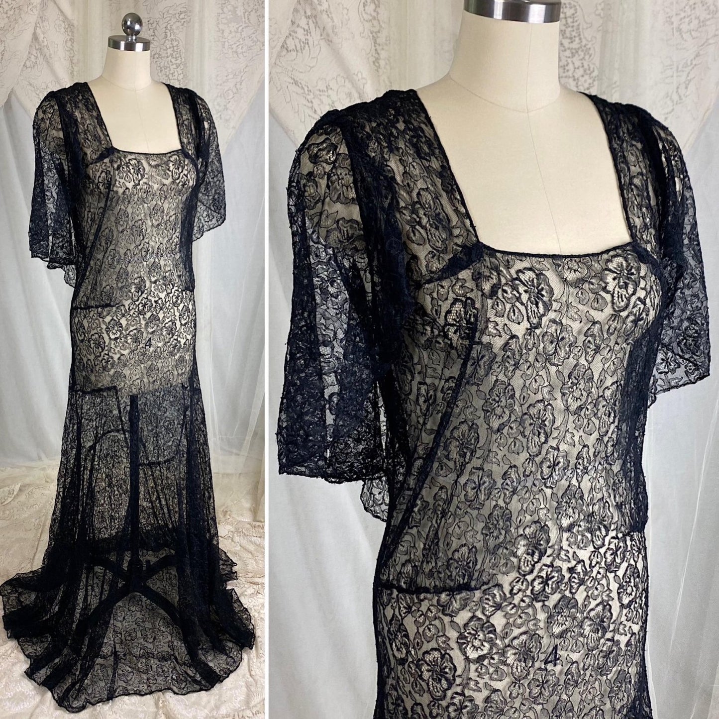 Vintage 1930's Evening Gown - Sheer Black Chantilly Lace with Bertha Collar & Train - Size M - Daggers & Dames